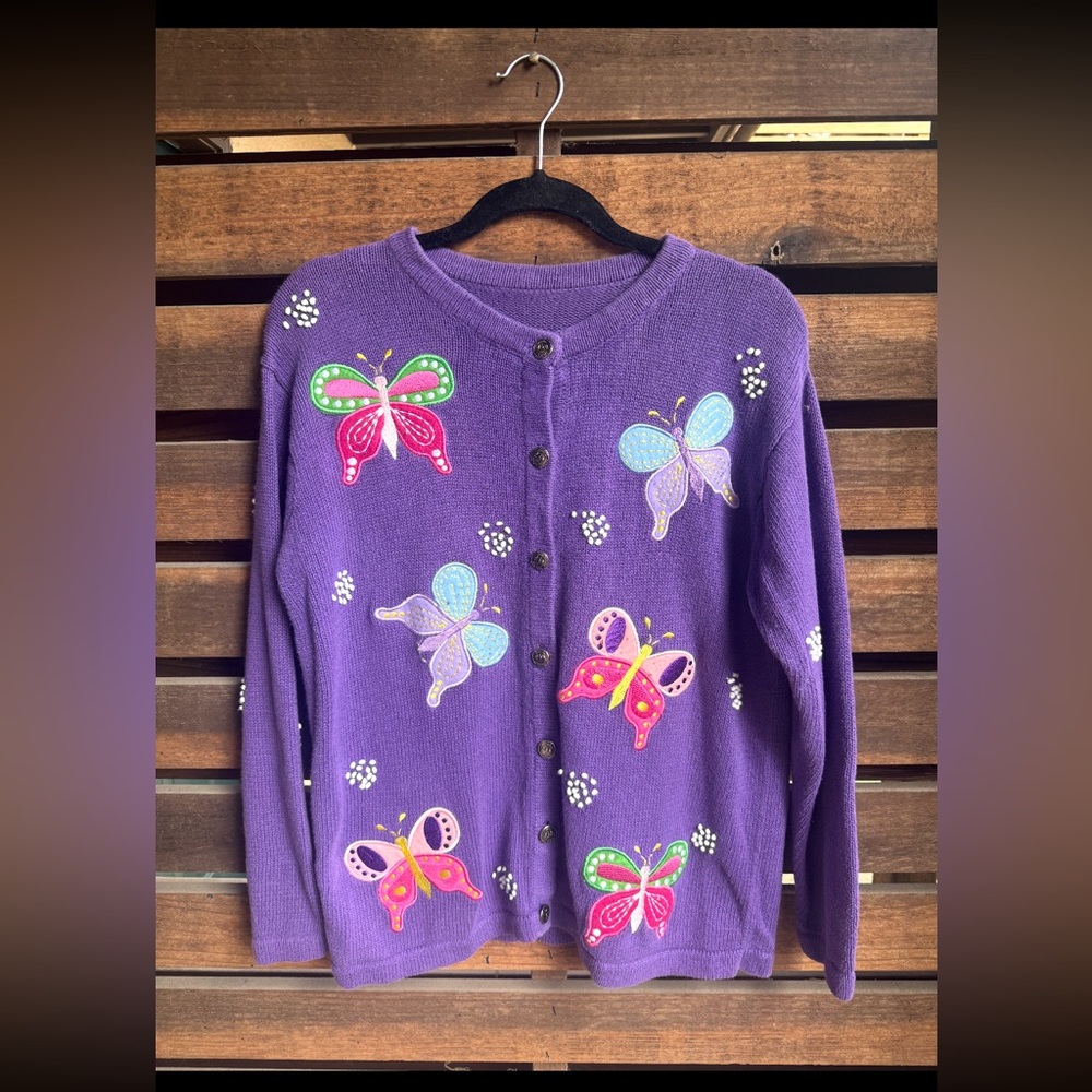 Quacker Factory Purple Cardigan with Butterfly Design